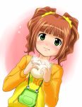  1girl animal_bag baozi blush brown_hair dumpling eating food green_eyes idolmaster nikuman raglan_sleeves short_hair solo takatsuki_yayoi twintails 