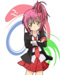  1girl brown_eyes cowboy_shot crossed_arms hair_bobbles hair_ornament hinamori_amu ixy long_sleeves looking_at_viewer necktie pink_hair plaid plaid_skirt pleated_skirt red_necktie red_skirt short_hair shugo_chara! side_ponytail simple_background skirt solo white_background 