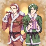  2boys artist_name bag bow brothers circlet fire_emblem fire_emblem_if fur_trim gift green_hair hat merry_christmas multiple_boys one_eye_closed open_mouth red_eyes redhead saizou_(fire_emblem_if) santa_costume santa_hat scar siblings suzukaze_(fire_emblem_if) tamami_if violet_eyes 