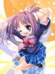  1girl amamiya_manami blue_eyes bow clenched_hand clenched_hands gakuen_utopia_manabi_straight! hair_tie jumping loafers one_eye_closed open_mouth pink_bow pink_hair plaid plaid_skirt purple_hair q-gaku school_uniform serafuku shoes skirt solo wink zoom_layer 