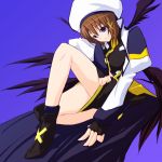  1girl ankle_boots bad_anatomy bare_legs beret black_wings blue_background blue_eyes blush boots brown_boots brown_hair full_body hair_ornament hat knee_up looking_at_viewer lyrical_nanoha mahou_shoujo_lyrical_nanoha mahou_shoujo_lyrical_nanoha_strikers multiple_wings poorly_drawn short_hair solo spiral_(artist) spiral_(senra_garou) wings x_hair_ornament yagami_hayate 