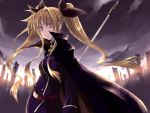  1girl bardiche belt blonde_hair buckle buttons cape crossover double-breasted fate/stay_night fate_(series) fate_testarossa holding holding_weapon long_hair long_sleeves looking_at_viewer lyrical_nanoha mahou_shoujo_lyrical_nanoha mahou_shoujo_lyrical_nanoha_strikers nekokun polearm red_eyes rod sidelocks solo staff very_long_hair weapon 