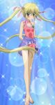  arms_behind_back blonde_hair blush casual_one-piece_swimsuit choker green_eyes hair_ribbon halterneck hayate_no_gotoku! highres lens_flare_abuse long_hair one-piece_swimsuit ribbon ribbon_choker sandals sanzen&#039;in_nagi sarong screencap stitched swimsuit twintails 