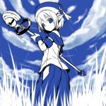  1girl :o armband bare_shoulders blue blue_background clouds cloudy_sky from_behind gloves grass hakama hat japanese_clothes looking_back looking_down monochrome phantasy_star phantasy_star_universe pointy_ears shiratama_dango short_hair sketch sky sleeveless solo staff standing weapon 