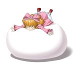  00s 1girl blonde_hair blush bow dress drill_hair food frills hina_ichigo ichigo_daifuku ichikawa_masahiro pink rozen_maiden short_hair solo wagashi 