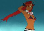  1girl arm_up armpits bikini bikini_top bra breasts cleavage dark_skin hair_ornament high_ponytail kasuga_(artist) lingerie long_hair medium_breasts midriff navel ponytail redhead skull_hair_ornament solo swimsuit tengen_toppa_gurren_lagann underwear very_long_hair yellow_eyes yoko_littner 