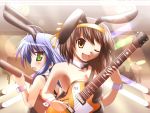  animal_ears brown_hair bunny_girl bunnysuit crossover guitar instrument izumi_konata lucky_star rabbit_ears short_hair suzumiya_haruhi suzumiya_haruhi_no_yuuutsu 