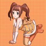  1girl blue_eyes boots brown_hair cute_&amp;_girly_(idolmaster) dress idolmaster orange_legwear sakamoto_mineji smile solo takatsuki_yayoi thigh-highs twintails 