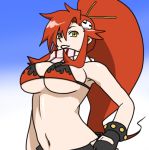  1girl bikini_top breasts fingerless_gloves gloves hair_ornament lowres navel ponytail redhead scarf sidelocks solo tengen_toppa_gurren_lagann under_boob yellow_eyes yoko_littner 