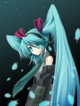  1girl aqua_eyes aqua_hair aqua_necktie dark_background detached_sleeves eko feathers green_eyes hatsune_miku headset long_hair looking_at_viewer necktie smile solo twintails very_long_hair vocaloid 