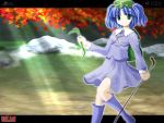  1girl backpack bag blue_dress blue_eyes blue_hair blush dress female flat_cap green_eyes hat highres holding kawashiro_nitori letterboxed light_rays pocket rubber_duck short_hair solo standing stick sunlight touhou two_side_up wallpaper 
