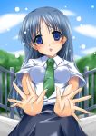  1girl :o blue_eyes blue_sky blush day green_necktie head_tilt kajiwara_sora maho_(yakimorokoshi) necktie open_mouth outdoors outstretched_arms railing silver_hair sketchbook_full_colors sky solo spread_fingers 