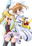  2girls arm_belt bardiche belt blonde_hair bow fate_testarossa lyrical_nanoha magical_girl mahou_shoujo_lyrical_nanoha mahou_shoujo_lyrical_nanoha_a&#039;s multiple_girls q-gaku raising_heart red_bow red_eyes redhead shoes takamachi_nanoha thigh-highs twintails violet_eyes winged_shoes wings 