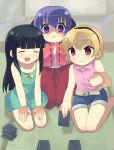  3girls ^_^ bad_anatomy bangs belt black_hair blonde_hair blunt_bangs card closed_eyes dress furude_rika green_skirt hakama hands_in_sleeves hanyuu higurashi_no_naku_koro_ni hime_cut horns houjou_satoko indoors japanese_clothes lavender_hair long_hair miko multiple_girls otoutogimi playing_games poorly_drawn red_hakama seiza shirt short_hair shorts sitting skirt sleeveless sleeveless_shirt smile sundress very_long_hair wariza wavy_mouth 