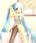  1girl aqua_hair asymmetrical_clothes hairdressing hatsune_miku long_hair mouth_hold open_clothes open_shirt panties shirt single_thighhigh solo thigh-highs twintails underwear very_long_hair vocaloid 