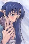  1girl artist_request blue_hair blush circlet crying diadem earrings hand_on_another&#039;s_cheek hand_on_another&#039;s_face jewelry lafiel long_hair pointy_ears seikai_no_senki silver_hair solo_focus source_request upper_body 