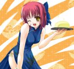  00s 1girl bare_shoulders blush breasts china_dress chinese_clothes dress hair_ribbon kohaku leaning_forward mr_chin q-gaku ribbon short_hair smile solo tsukihime waitress wink 