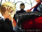  3boys blonde_hair copyright_name covering_one_eye fate/stay_night fate_(series) fukurou gae_bolg gilgamesh hand_over_face kotomine_kirei lancer male_focus multiple_boys over_shoulder polearm red_eyes spear weapon weapon_over_shoulder 