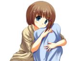  1girl blue_eyes hair_ornament looking_at_viewer lyrical_nanoha mahou_shoujo_lyrical_nanoha mahou_shoujo_lyrical_nanoha_strikers odaya odayan pajamas pillow pillow_hug smile solo x_hair_ornament yagami_hayate 