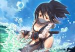  1girl bandage black_hair blush breasts cleavage disgaea japanese_clothes kunoichi_(disgaea) large_breasts legs makai_senki_disgaea_2 mask ninja ninja_(disgaea) nippon_ichi ocean outdoors parody pointy_ears ponytail red_eyes sky solo splashing tanto tantou tears toi8 water 