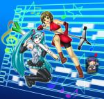  1boy 2girls beamed_quavers directional_arrow gunchee hatsune_miku kaito long_hair meiko microphone microphone_stand multiple_girls musical_note quaver spring_onion star thigh-highs treble_clef triangle_mouth twintails very_long_hair vocaloid zettai_ryouiki 