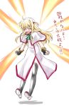  1girl angry arisa_bannings black_gloves blonde_hair burning_arisa capelet clenched_hands closed_eyes dress fingerless_gloves full_body gloves jumping long_sleeves lyrical_nanoha magical_girl mahou_shoujo_lyrical_nanoha mahou_shoujo_lyrical_nanoha_strikers minamura_haruki simple_background solo text thigh-highs translation_request white_background white_dress wince 