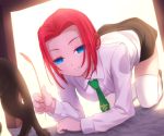  1girl all_fours blue_eyes cat code_geass dress_shirt kallen_stadtfeld necktie pencil_skirt redhead school_uniform serafuku shirt skirt smile solo table thigh-highs uni white_shirt zettai_ryouiki 