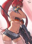  1girl adjusting_hair animal_ears anti-materiel_rifle azusa azusa_(hws) belt bikini bikini_top breasts cat_ears cleavage gun large_breasts ponytail redhead rifle scarf short_shorts shorts sniper_rifle solo striped striped_scarf studded_belt swimsuit tengen_toppa_gurren_lagann thigh-highs under_boob weapon yoko_littner zettai_ryouiki 