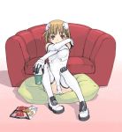  1girl bangs bare_shoulders blush boots breasts chips couch covered_navel crossed_arms cup drink elbow_gloves food gloves gradient gradient_background hand_on_own_shoulder headgear holding indoors knees_up leotard light_brown_hair light_smile looking_at_viewer motionslit orange_eyes pillow pilot_suit red_upholstery sakurano_otoha satou_atsuki short_hair sitting sky_girls small_breasts solo thigh-highs thigh_boots white_boots white_gloves white_legwear 