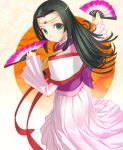  black_hair circlet code_geass dress dual_wielding fan folding_fan green_eyes japan japanese_clothes looking_back smile sumeragi_kaguya uni 