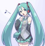  1girl aqua_eyes aqua_hair aqua_nails arm_behind_back bare_shoulders detached_sleeves face gradient gradient_background haganemaru_kennosuke hatsune_miku long_hair music musical_note nail_polish necktie oekaki open_mouth quaver simple_background singing solo twintails very_long_hair vocaloid 