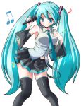  1girl :q bare_shoulders detached_sleeves green_eyes green_hair hatsune_miku long_hair microphone miniskirt musical_note necktie quaver shinshin simple_background skirt solo thigh-highs tongue tongue_out twintails very_long_hair vocaloid white_background zettai_ryouiki 