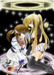  00s 2girls arm_belt bardiche belt blonde_hair fate_testarossa fingerless_gloves gloves lyrical_nanoha magic_circle magical_girl mahou_shoujo_lyrical_nanoha multiple_girls niwaka_yuan raising_heart sparkle takamachi_nanoha thigh-highs twintails yun_(artist) 