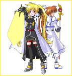  2girls back-to-back bardiche blonde_hair cape energy_sword fate_testarossa fingerless_gloves gloves lyrical_nanoha magical_girl mahou_shoujo_lyrical_nanoha mahou_shoujo_lyrical_nanoha_strikers multiple_girls raising_heart sword takamachi_nanoha thigh-highs twintails weapon yone 