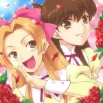  2girls flower fujioka_haruhi hairu houshakuji_renge lowres multiple_girls ojou-sama_pose ouran_high_school_host_club petals rose school_uniform 