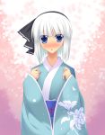  1girl blue_eyes blush female hair_ribbon japanese_clothes kimono kirise_mitsuru konpaku_youmu ribbon solo touhou white_background 