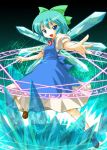  1girl aqua_background blue_hair cirno fairy fang female magic_circle michii_yuuki octagram ribbon shoot_the_bullet smile solo touhou 