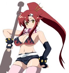  1girl anti-materiel_rifle belt bikini_top breasts cleavage fingerless_gloves gloves gun hair_ornament midriff mismatched_gloves pink_legwear ponytail redhead rifle scarf shorts sidelocks sniper_rifle swimsuit tengen_toppa_gurren_lagann thigh-highs toku toku_(tokuhp) weapon yellow_eyes yoko_littner 