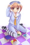  1girl anchor anchor_(symbol) ascot brown_eyes brown_hair capri_pants checkered checkered_floor dixie_cup_hat female floor hat kneeling long_sleeves military_hat origami original pants paper piyodera_mucha sailor sailor_collar sailor_hat salute solo striped striped_legwear twintails 
