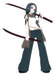  1girl green_hair hamamo highres midriff original red_eyes scabbard scarf sheath simple_background solo sword tattoo weapon 
