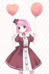  1girl balloon brown_eyes cowboy_shot dress floating hairband hat holding looking_to_the_side original pink_hair puffy_short_sleeves puffy_sleeves red_dress short_hair short_sleeves solo striped striped_background top_hat usashiro_mani 