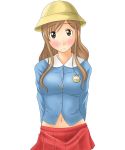  00s 1girl arms_behind_back blush breasts brown_eyes brown_hair hat kindergarten kindergarten_uniform large_breasts long_hair looking_at_viewer maria-sama_ga_miteru maria_sama midriff name_tag navel pleated_skirt school_hat shirt skirt solo taut_clothes taut_shirt toshifumi toudou_shimako undersized_clothes 