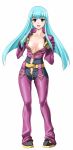  1girl blue_hair blush breasts cleavage g-tetsu highres king_of_fighters kula_diamond long_hair no_bra open_clothes open_shirt red_eyes shirt snk solo the_king_of_fighters 