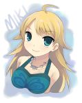  1girl blonde_hair blue_background breasts cleavage collarbone eyebrows eyebrows_visible_through_hair green_eyes hoshii_miki idolmaster jewelry large_breasts long_hair looking_at_viewer necklace otoutogimi pearl_necklace simple_background solo 