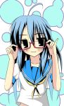  :3 adjusting_glasses ahoge ayase_hikaru bespectacled glasses high_contrast izumi_konata lucky_star pinky_out school_uniform serafuku 