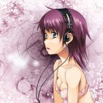  1girl asaki_takayuki blue_eyes bra breasts erect_nipples headphones lingerie medium_breasts original purple_hair short_hair solo sony underwear 