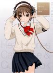  1girl brown_eyes brown_hair headphones highres original otakubeam ribbon school_uniform serafuku short_hair skirt solo sweater translated 