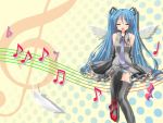  1girl bare_shoulders blue_hair closed_eyes detached_sleeves feathers flat_sign gakky hatsune_miku long_hair music musical_note open_mouth panties pantyshot quaver singing solo staff_(music) striped striped_panties thigh-highs trebel_clef treble_clef underwear very_long_hair vocaloid wings 