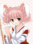  animal_ears curly_hair japanese_clothes miko pink_eyes pink_hair rabbit_ears uni8 