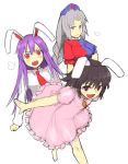  3girls angry animal_ears barefoot brown_hair carrot dress female grey_hair inaba_tewi jewelry long_hair multiple_girls open_mouth outstretched_arms pendant pink_dress purple_hair rabbit_ears red_eyes reisen_udongein_inaba short_hair sigh sketch smile spread_arms touhou yagokoro_eirin yu_65026 